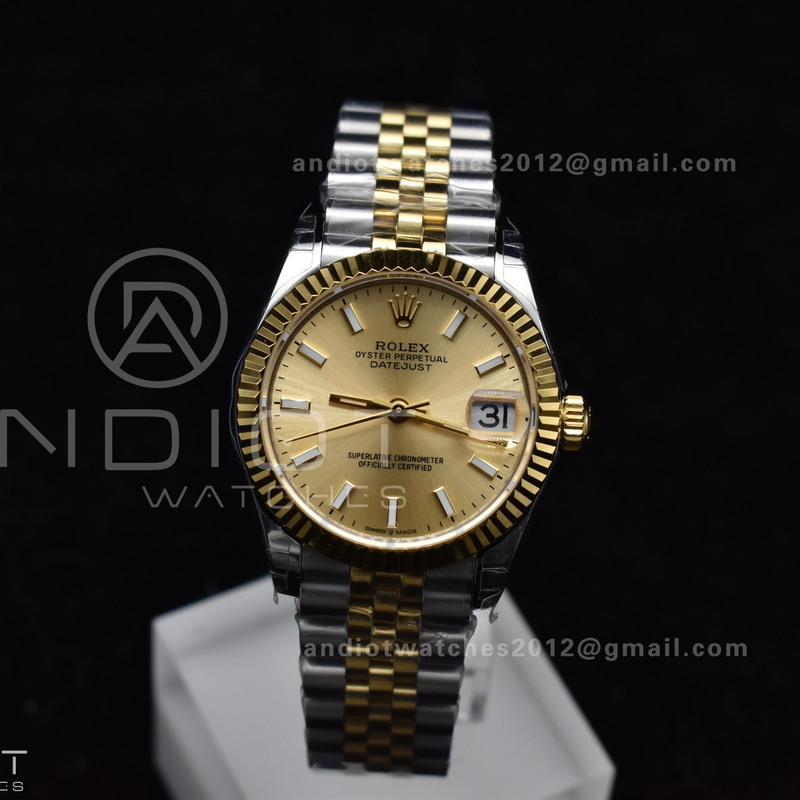 DateJust 31 Ladies 278273 GSF 316L Steel Gold Dial Stick Markers On YG President Bracelet